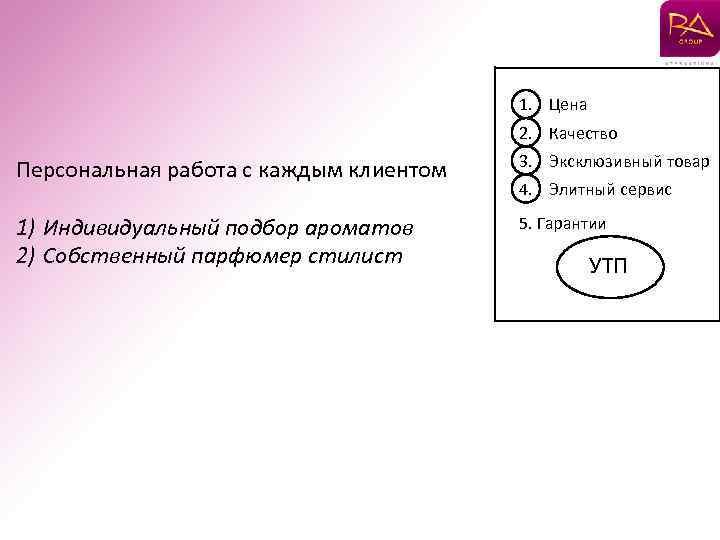 1. Цена 2. Качество Персональная работа с каждым клиентом 3. Эксклюзивный товар 1) Индивидуальный