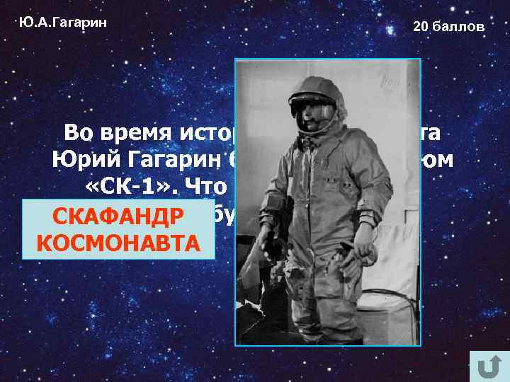 Ю. А. Гагарин 20 баллов Во время исторического полёта Юрий Гагарин был одет в