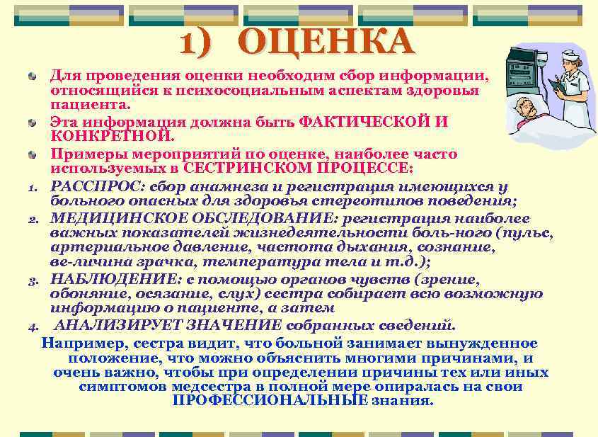 1) ОЦЕНКА Для проведения оценки необходим сбор информации, относящийся к психосоциальным аспектам здоровья пациента.