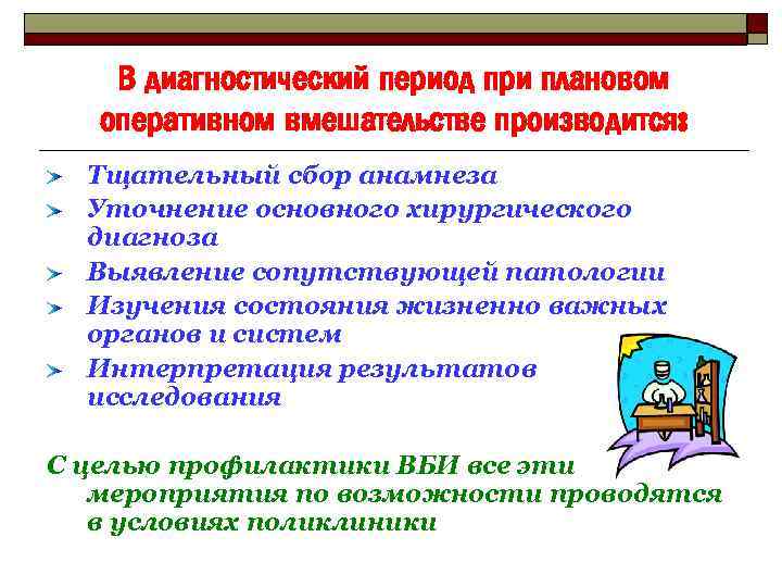 В диагностический период при плановом оперативном вмешательстве производится: Тщательный сбор анамнеза Уточнение основного хирургического
