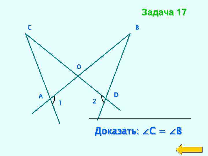 Задача 17 C B O A 1 2 D Доказать: ∠C = ∠B 