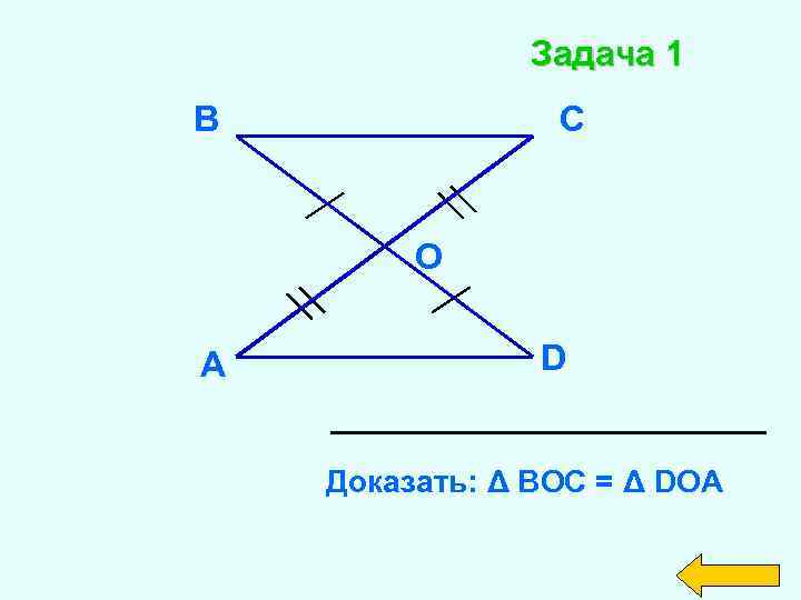 Задача 1 В С О А D Доказать: Δ ВОС = Δ DОА 