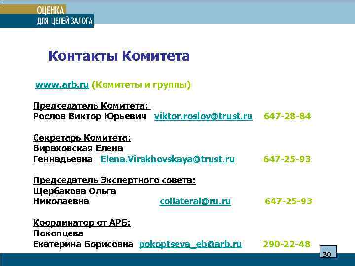  Контакты Комитета www. arb. ru (Комитеты и группы) Председатель Комитета: Рослов Виктор Юрьевич