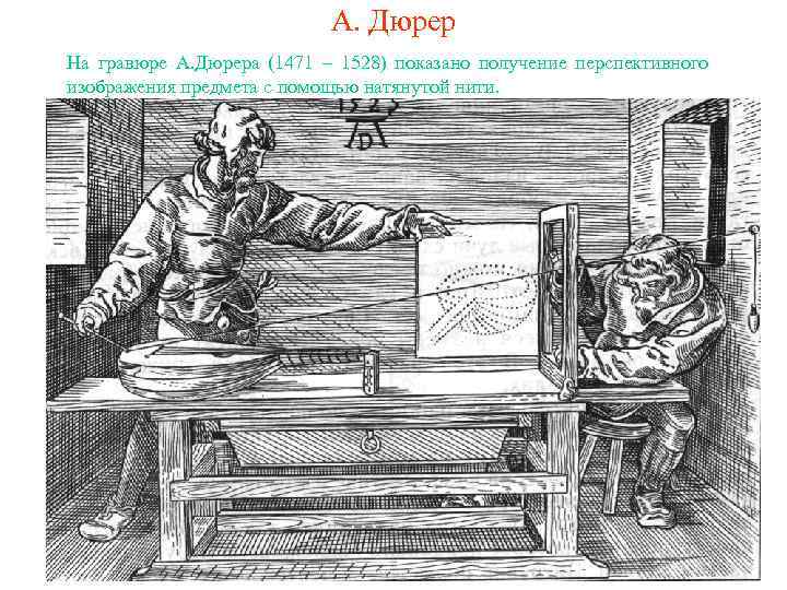 А. Дюрер На гравюре А. Дюрера (1471 – 1528) показано получение перспективного изображения предмета