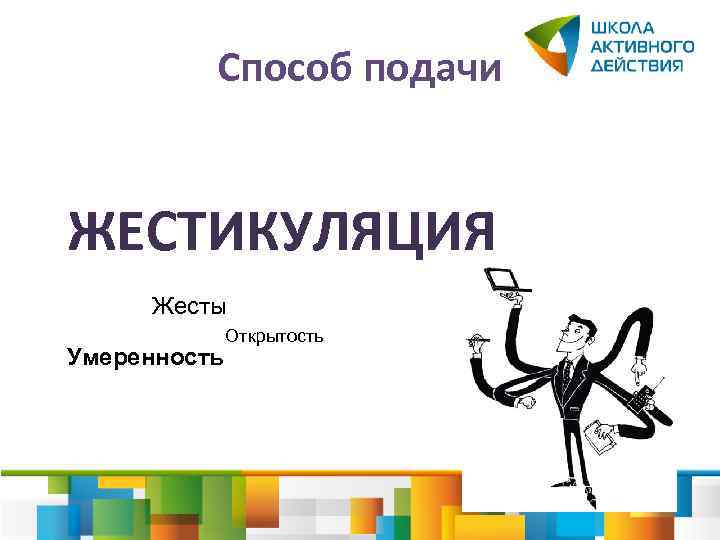 Способ подачи ЖЕСТИКУЛЯЦИЯ Жесты Умеренность Открытость 