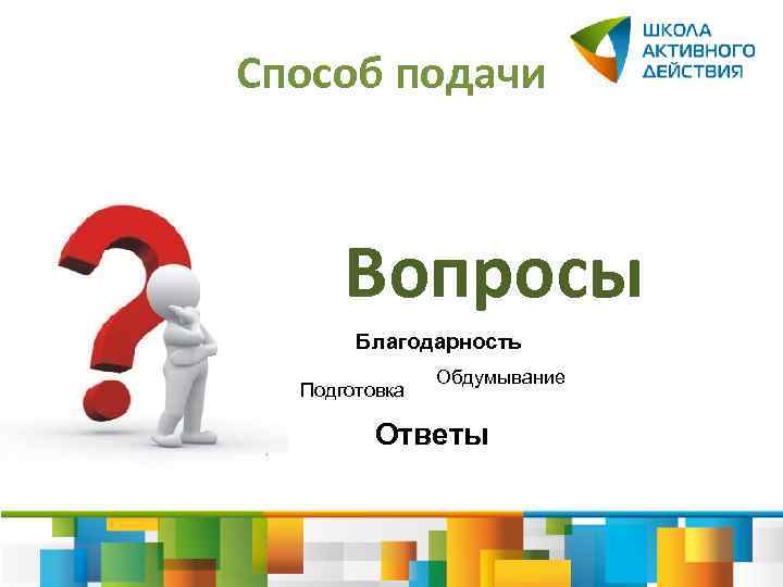 Способ подачи Вопросы Благодарность Подготовка Обдумывание Ответы 