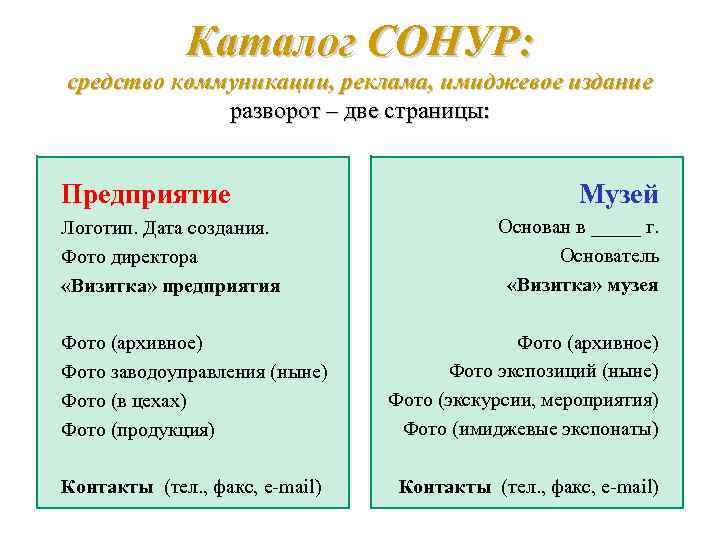 Каталог СОНУР: средство коммуникации, реклама, имиджевое издание разворот – две страницы: Предприятие Логотип. Дата