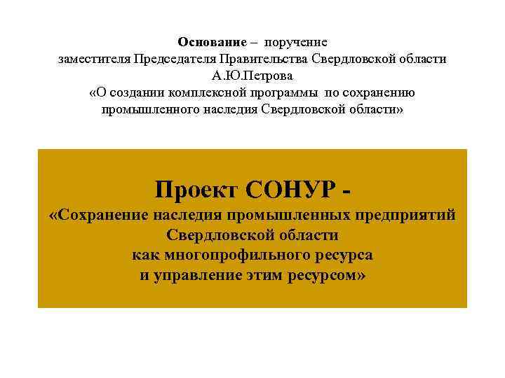 Основание – поручение заместителя Председателя Правительства Свердловской области А. Ю. Петрова «О создании комплексной