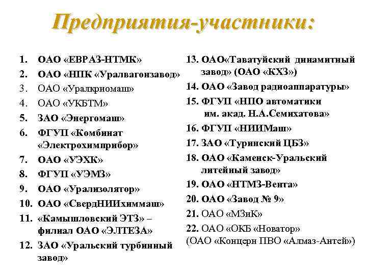 Предприятия-участники: 1. 2. 3. 4. 5. 6. ОАО «ЕВРАЗ-НТМК» ОАО «НПК «Уралвагонзавод» ОАО «Уралкриомаш»