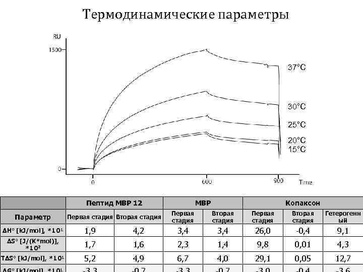 Термодинамические параметры 37°С 30°С 25°С 20°С 15°С Пептид MBP 12 Параметр Первая стадия Вторая