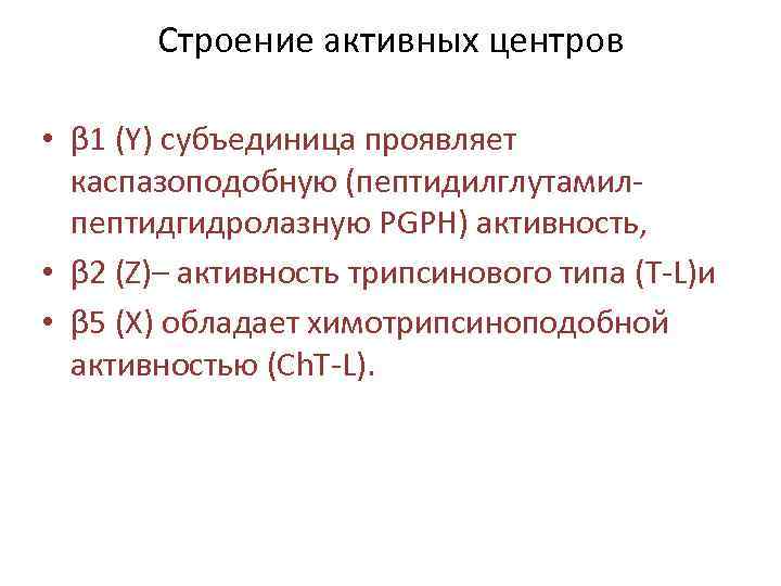 Строение активных центров • β 1 (Y) субъединица проявляет каспазоподобную (пептидилглутамилпептидгидролазную PGPH) активность, •