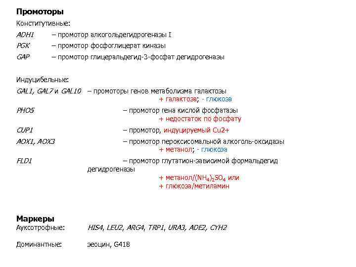 Промоторы Конститутивные: ADH 1 – промотор алкогольдегидрогеназы I PGK – промотор фосфоглицерат киназы GAP