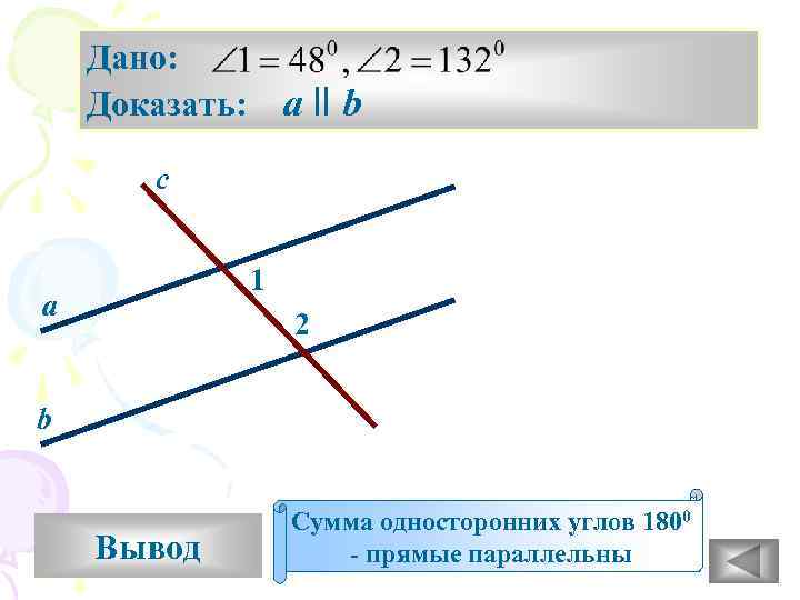Дано: Доказать: а ll b с 1 а 2 b Вывод Сумма односторонних углов