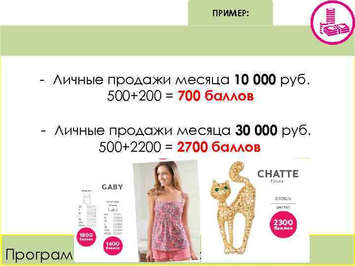 ПРИМЕР: - Личные продажи месяца 10 000 руб. 500+200 = 700 баллов - Личные