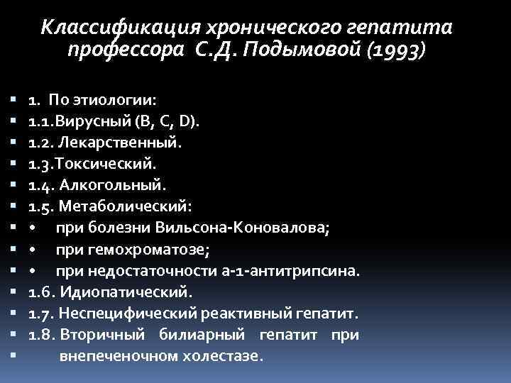 Классификация хронического гепатита профессора С. Д. Подымовой (1993) 1. По этиологии: 1. 1. Вирусный