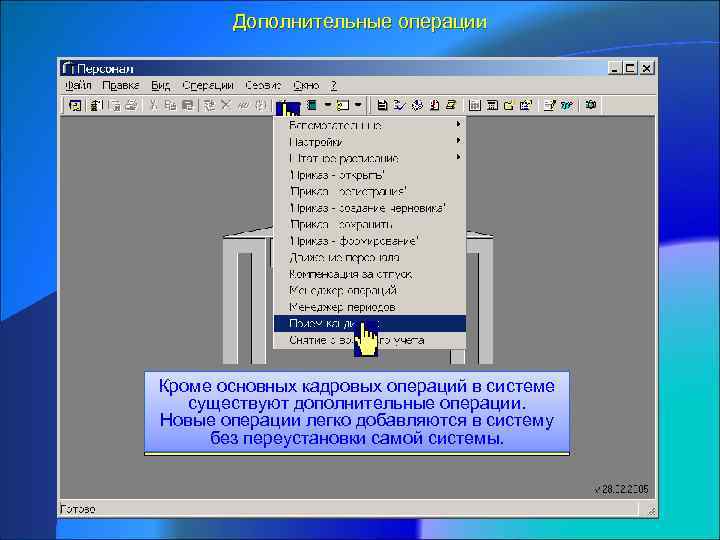 Дополнительные операции Кроме основных кадровых операций в системе существуют дополнительные операции. Новые операции легко