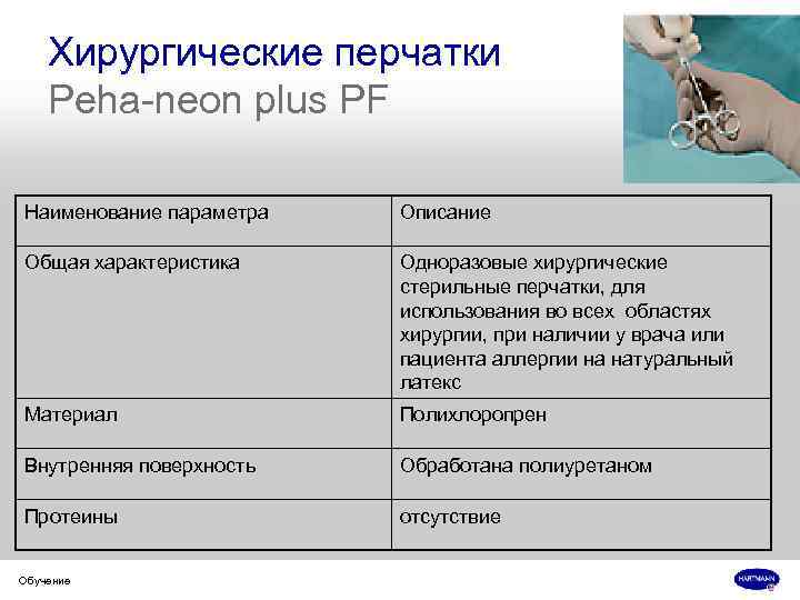 Хирургические перчатки Peha-neon plus PF Наименование параметра Описание Общая характеристика Одноразовые хирургические стерильные перчатки,