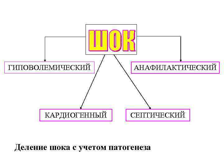ГИПОВОЛЕМИЧЕСКИЙ КАРДИОГЕННЫЙ АНАФИЛАКТИЧЕСКИЙ СЕПТИЧЕСКИЙ Деление шока с учетом патогенеза 