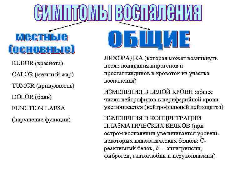 RUBOR (краснота) CALOR (местный жар) TUMOR (припухлость) DOLOR (боль) FUNCTION LAESA (нарушение функции) ЛИХОРАДКА