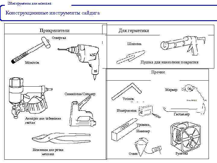 ２ Инструменты для монтажа Конструкционные инструменты сайдига Прикрепители Для герметики Отвертка Шпатель Пушка для