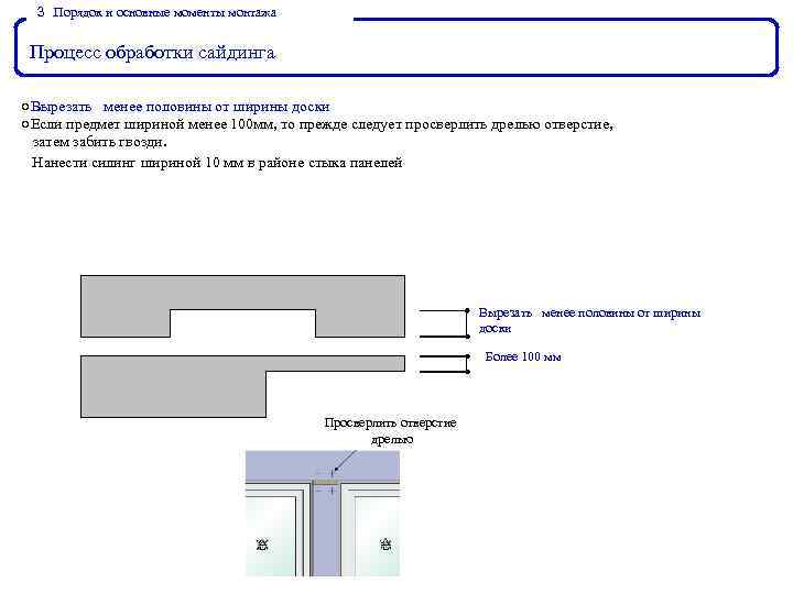 ３． Порядок и основные моменты монтажа Процесс обработки сайдинга ○Вырезать　 менее половины от ширины