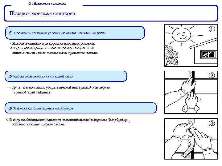 ５ Нанесение силикона ． Порядок монтажа силикона ① Проверить погодные условия до начала монтажных