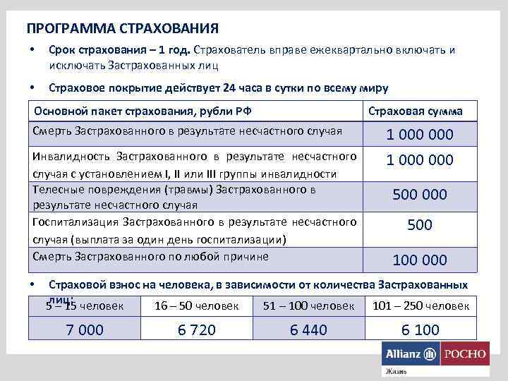 ПРОГРАММА СТРАХОВАНИЯ • Срок страхования – 1 год. Страхователь вправе ежеквартально включать и исключать