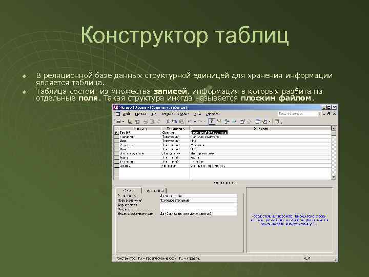 Конструктор таблиц u u В реляционной базе данных структурной единицей для хранения информации является