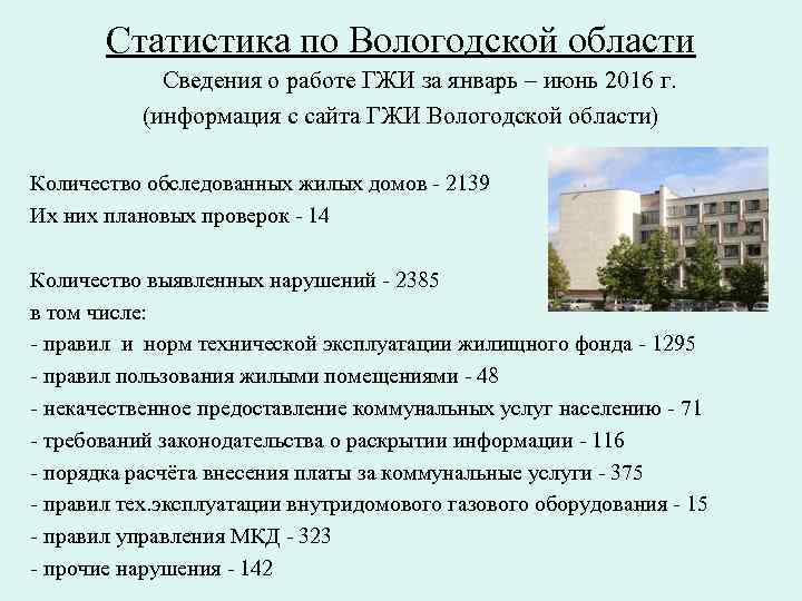 Статистика по Вологодской области Сведения о работе ГЖИ за январь – июнь 2016 г.