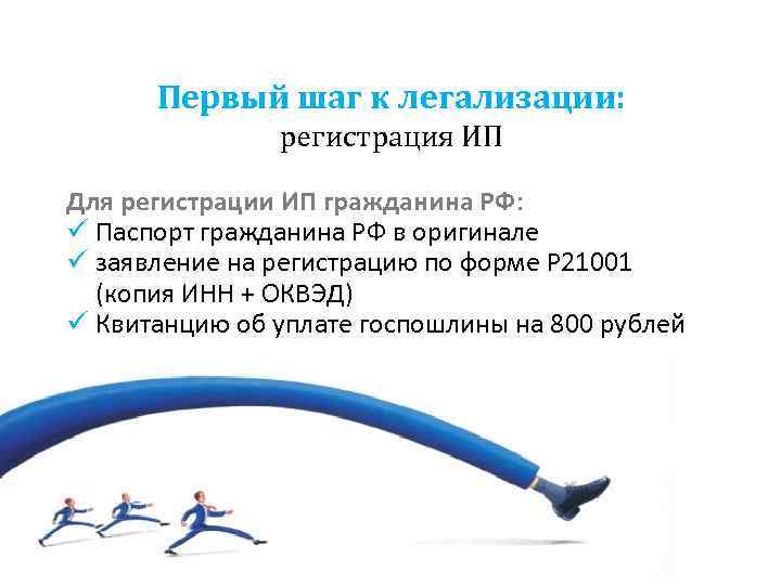 Первый шаг к легализации: регистрация ИП Для регистрации ИП гражданина РФ: ü Паспорт гражданина