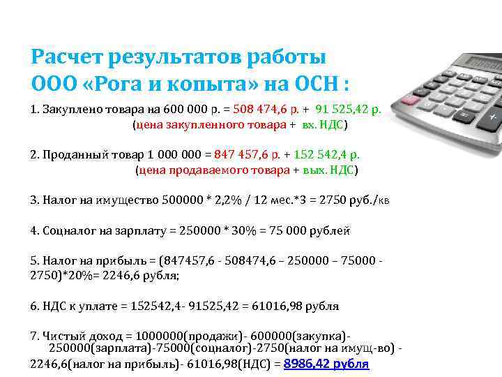 Расчет результатов работы ООО «Рога и копыта» на ОСН : 1. Закуплено товара на
