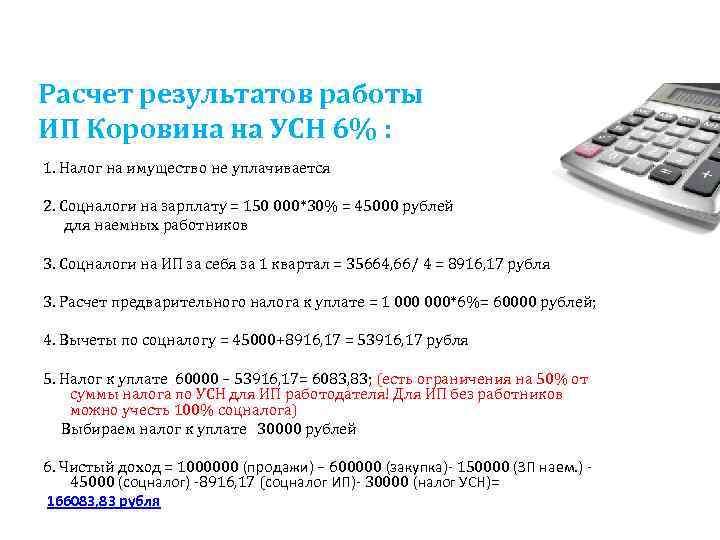 Расчет результатов работы ИП Коровина на УСН 6% : 1. Налог на имущество не