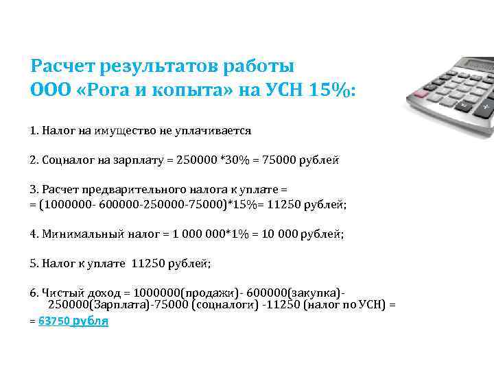 Расчет результатов работы ООО «Рога и копыта» на УСН 15%: 1. Налог на имущество