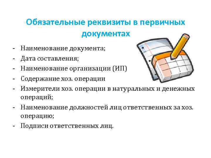 Обязательные реквизиты в первичных документах - Наименование документа; Дата составления; Наименование организации (ИП) Содержание