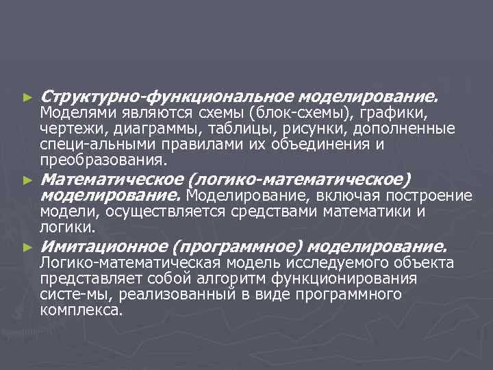 ► Структурно-функциональное моделирование. ► Математическое (логико-математическое) моделирование. Моделирование, включая построение Моделями являются схемы (блок