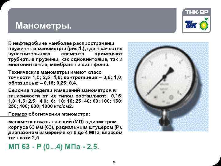 02. 2018 © THK-BP presentation name Манометры. В нефтедобыче наиболее распространены пружинные манометры (рис.