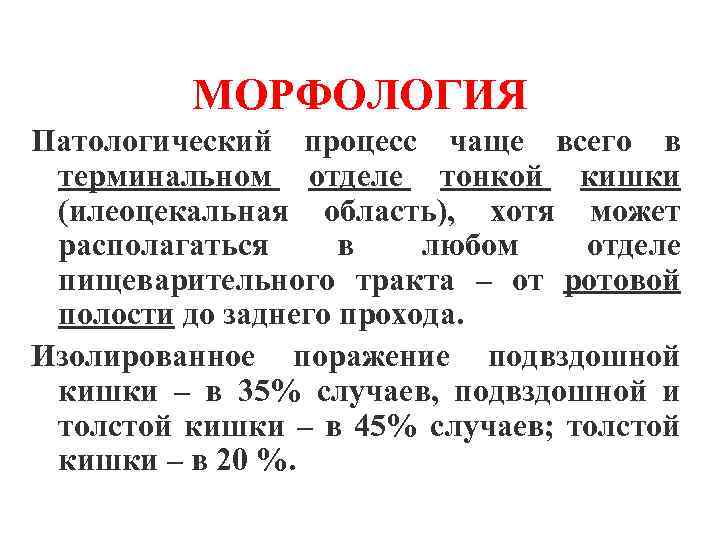 МОРФОЛОГИЯ Патологический процесс чаще всего в терминальном отделе тонкой кишки (илеоцекальная область), хотя может