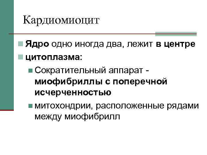 Кардиомиоцит n Ядро одно иногда два, лежит в центре n цитоплазма: n Сократительный аппарат