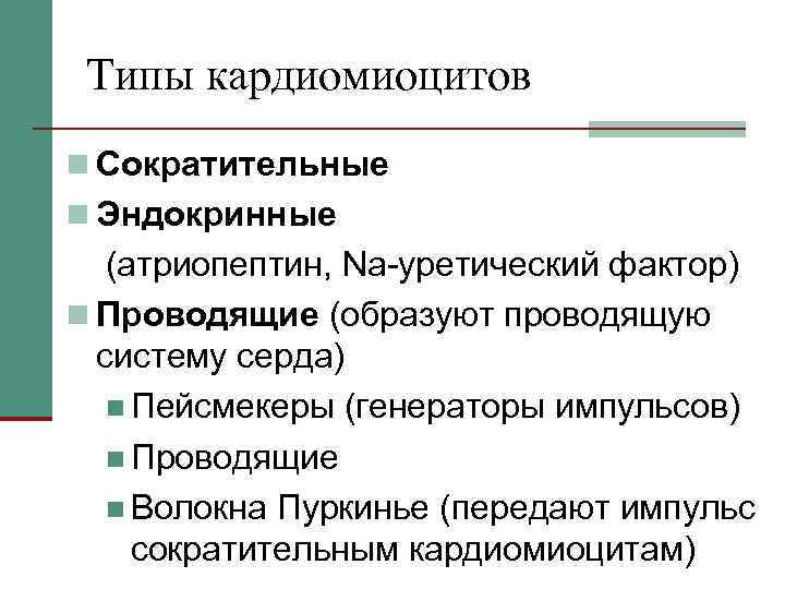 Типы кардиомиоцитов n Сократительные n Эндокринные (атриопептин, Na-уретический фактор) n Проводящие (образуют проводящую систему