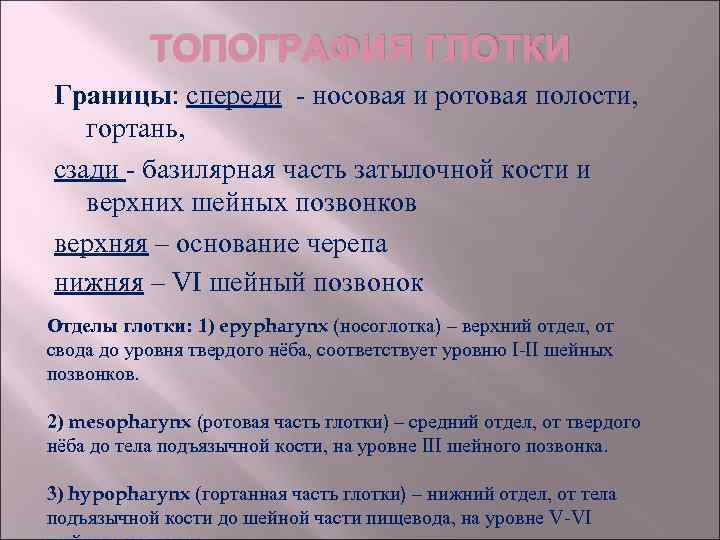 ТОПОГРАФИЯ ГЛОТКИ Границы: спереди носовая и ротовая полости, гортань, сзади базилярная часть затылочной кости