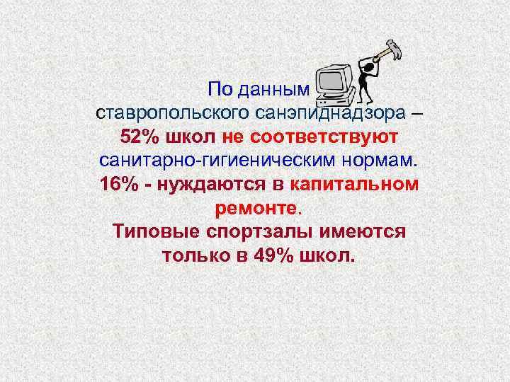 По данным ставропольского санэпиднадзора – 52% школ не соответствуют санитарно-гигиеническим нормам. 16% - нуждаются