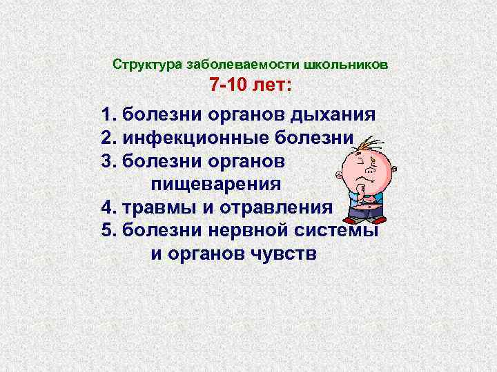 Структура заболеваемости школьников 7 -10 лет: 1. болезни органов дыхания 2. инфекционные болезни 3.