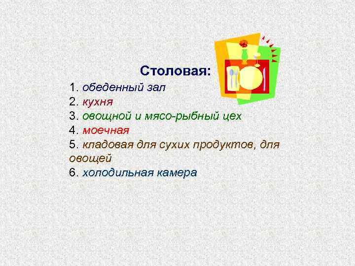 Столовая: 1. обеденный зал 2. кухня 3. овощной и мясо-рыбный цех 4. моечная 5.