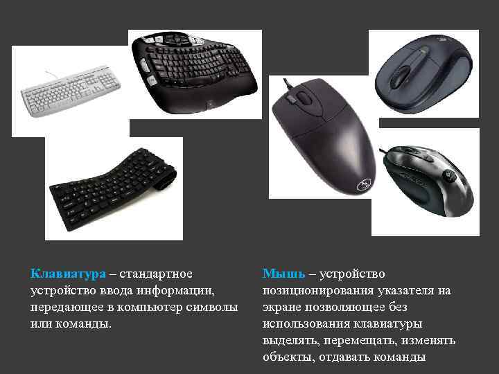 Клавиатура – стандартное устройство ввода информации, передающее в компьютер символы или команды. Мышь –