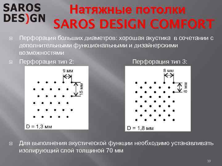 Натяжные потолки SAROS DESIGN COMFORT Перфорация больших диаметров: хорошая акустика в сочетании с дополнительными