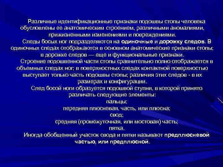 Различные идентификационные признаки подошвы стопы человека обусловлены ее анатомическим строением, различными аномалиями, прижизненными изменениями