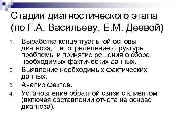 Стадии диагностического этапа (по Г. А. Васильеву, Е. М. Деевой) 1. 2. 3. 4.