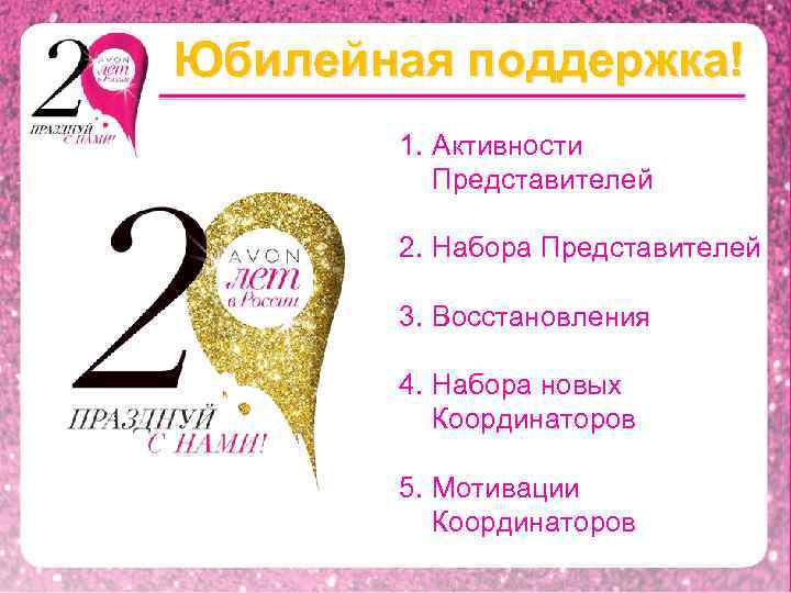 Юбилейная поддержка! 1. Активности Представителей 2. Набора Представителей 3. Восстановления 4. Набора новых Координаторов