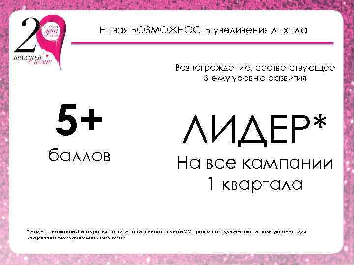 Новая ВОЗМОЖНОСТЬ увеличения дохода Вознаграждение, соответствующее 3 -ему уровню развития 5+ баллов ЛИДЕР* На