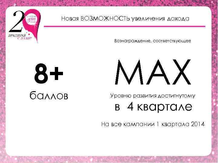 Новая ВОЗМОЖНОСТЬ увеличения дохода Вознаграждение, соответствующее 8+ баллов MAX Уровню развития достигнутому в 4